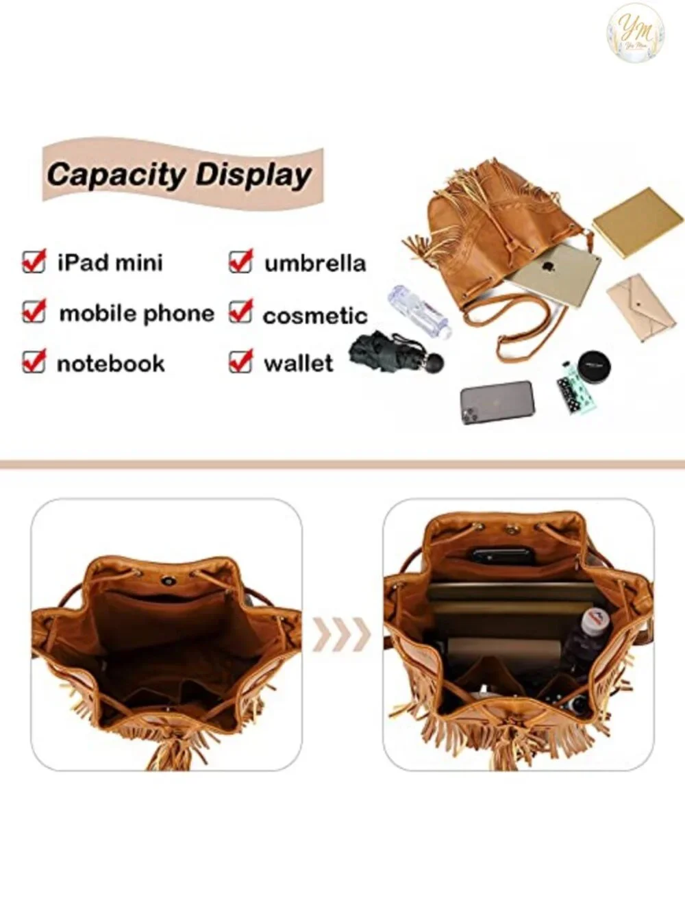 Faux Leather Bucket Bag for Women Crossbody Fringe Purse Drawstring Tassel Hobo